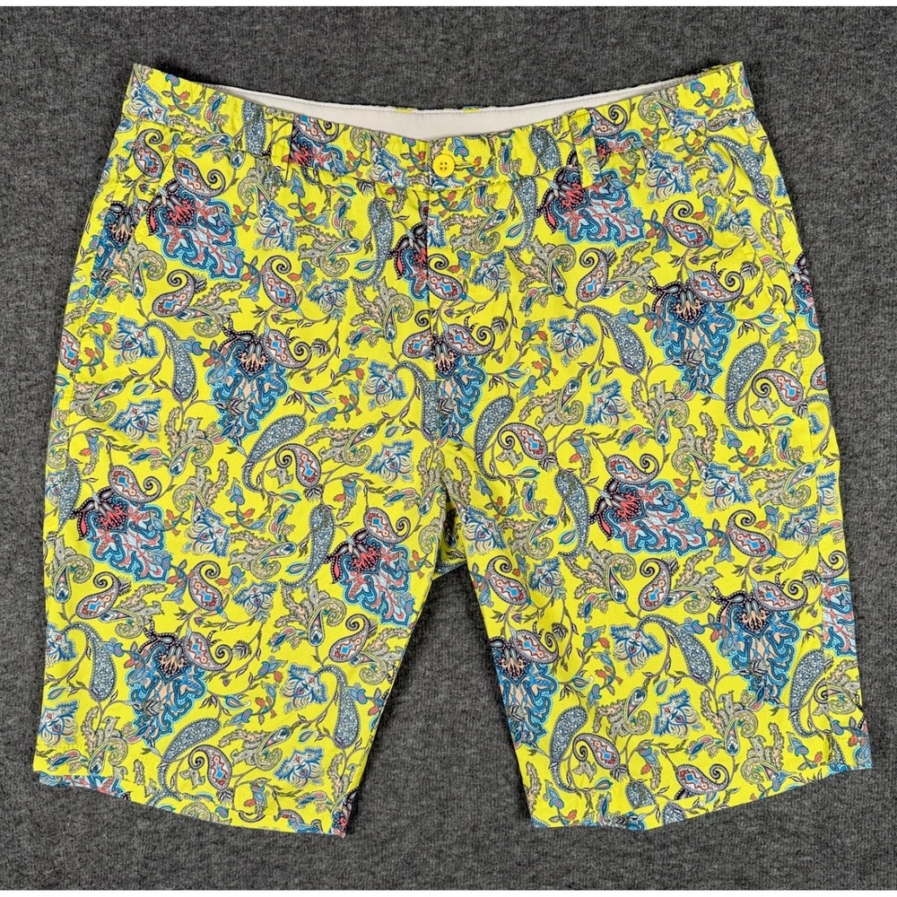 HRESKI Shorts Mens 38 Blue Yellow Paisley Gothic Performance Golf Chino Stretch